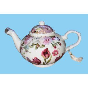 Porcelain China Teapot Floral & Leaf Pattern By BV Porcelain NEW in Gift Box Set